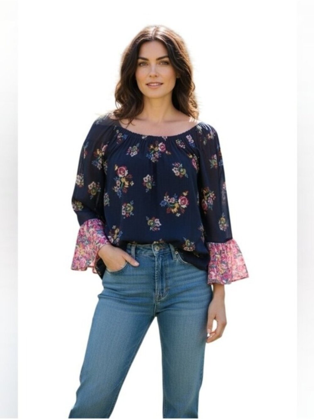 Rocks & Indigo Boho Bell Sleve top In Navy Size Medium